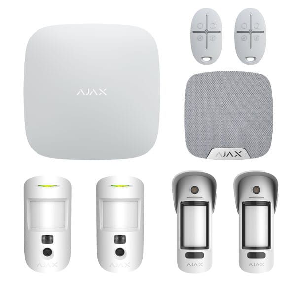 An Ajax wireless alarm starter kit: hub, motion detectors with camera and keypad