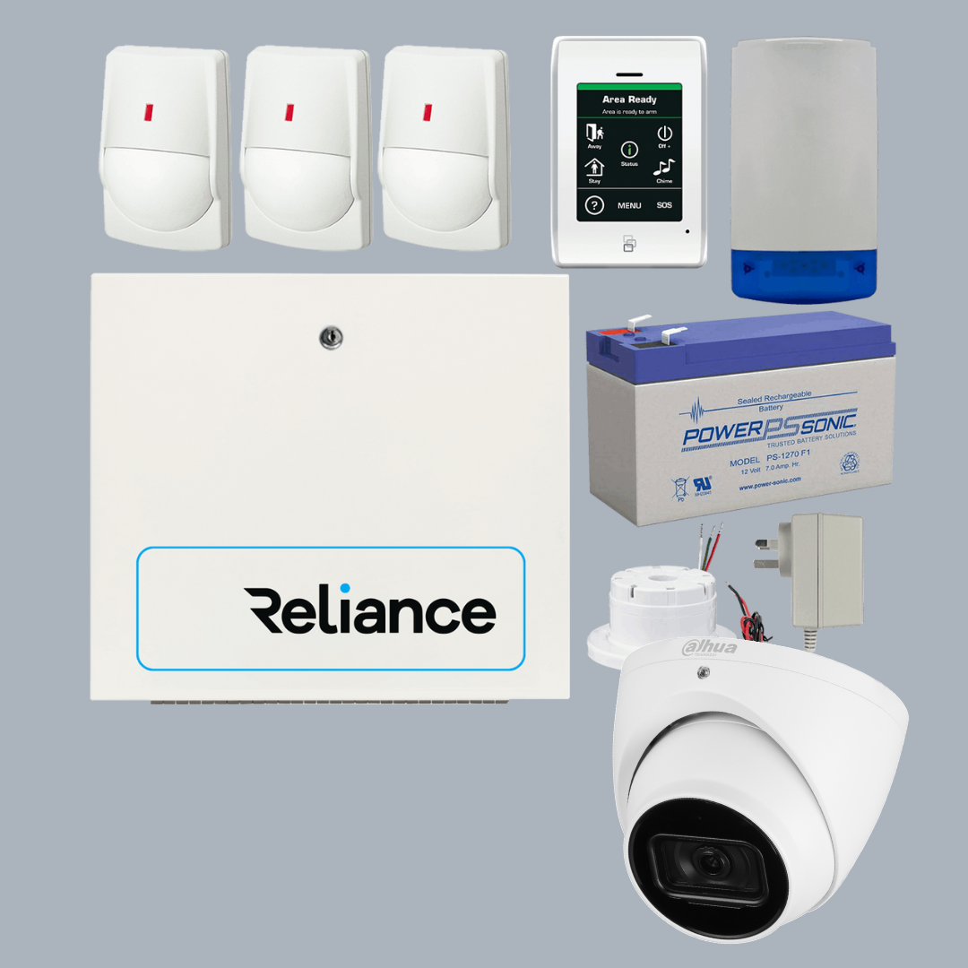 A wireless home alarm kit: panel, detectors, keypad, siren and a dome camera